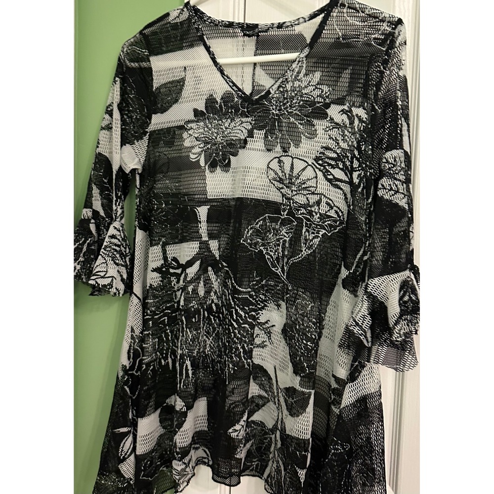 Dor Dor Couture‎ Mesh Tunic Top Womens Small Black White Floral Handkerchief Hem